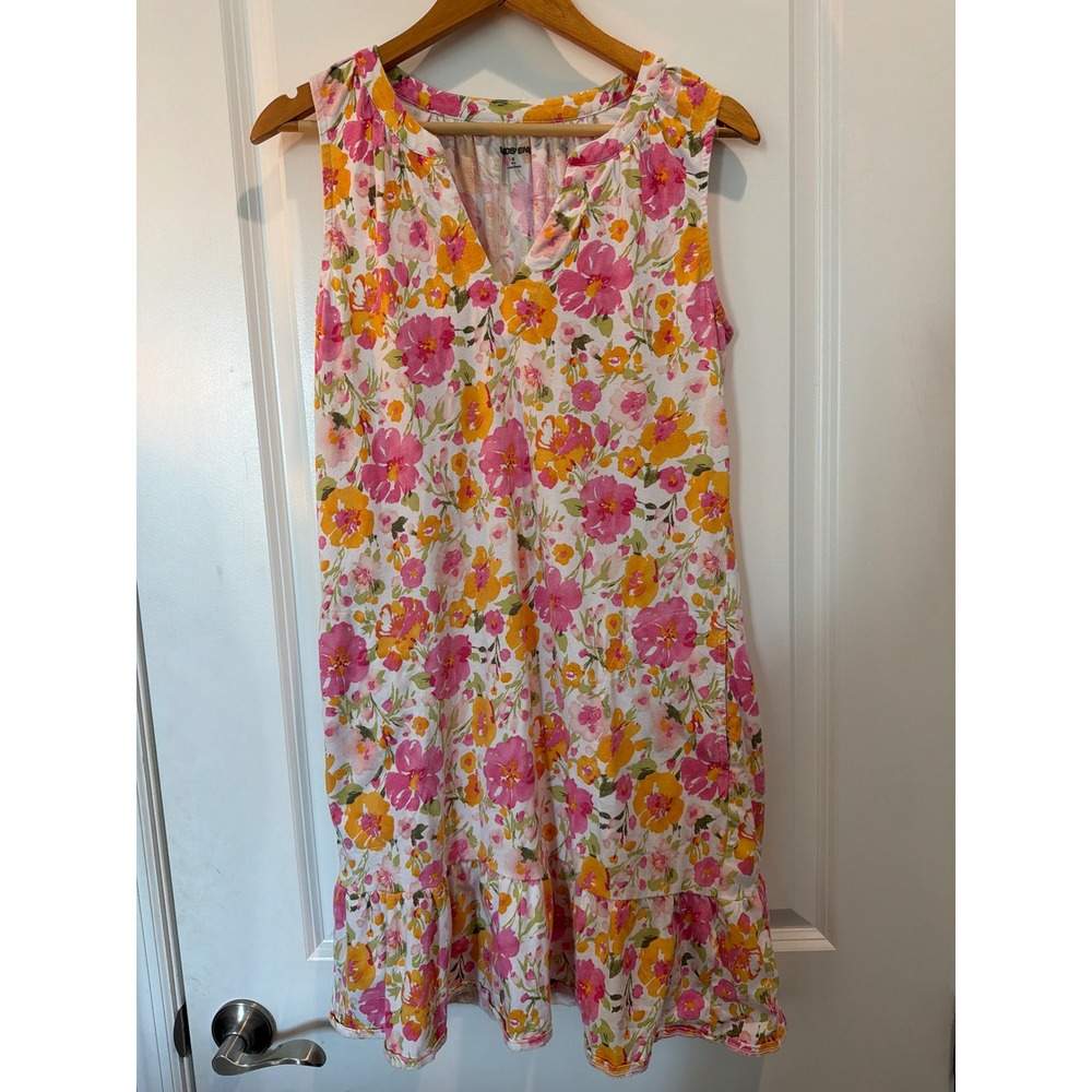 Lands End Womens Pink Orange Floral Cotton Sleeveless Ruffle Hem Dress Small 6-8